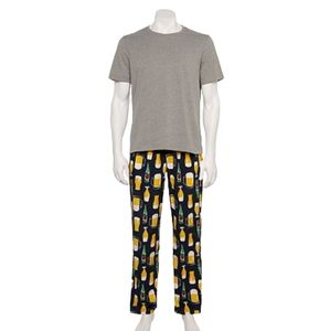 Men's Beer Mug Pajamas Knit Tee & Velour Pants, Beer Mug Print, Size Small